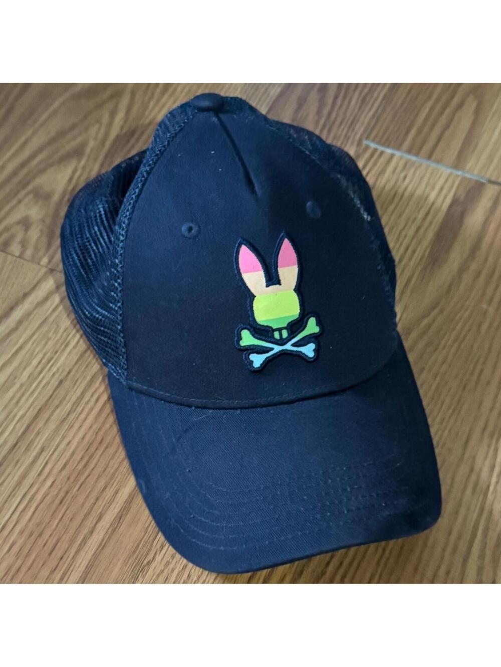 Psycho Bunny Black Cap Colorful Bunny Logo